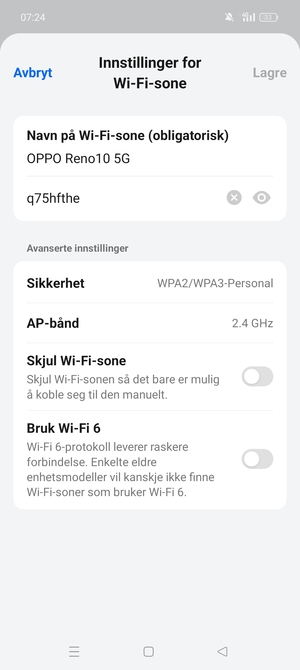 Skriv inn et Wi-Fi hotspot-passord på minst 8 tegn og velg Lagre