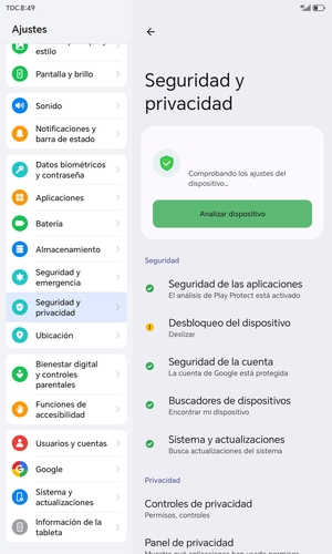 Para activar su bloqueo de pantalla, vaya al menú Seguridad y privacidad y seleccione Desbloqueo del dispositivo