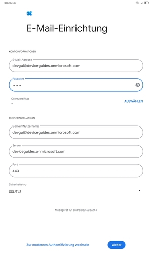 Geben Sie Benutzername und Exchange Server-Adresse ein. Wählen Sie Weiter