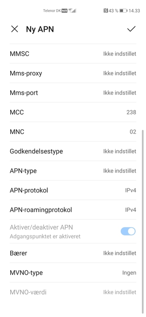 Scroll ned og indtast internet-oplysninger