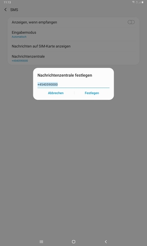 Geben Sie die Nachrichtenzentrumnummer ein und wählen Sie Festlegen