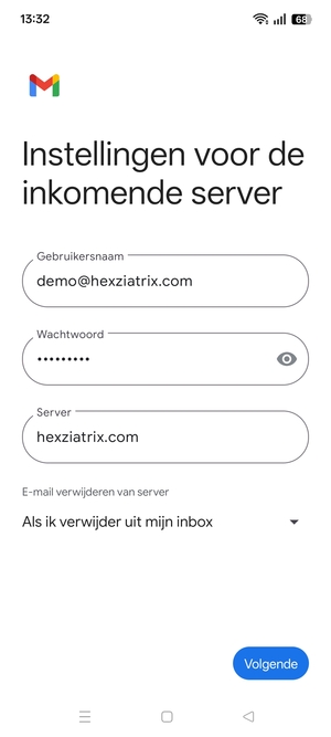 Voer Gebruikersnaam en binnenkomend serveradres in. Selecteer Volgende