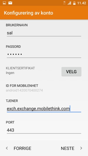 Skriv inn BRUKERNAVN og Exchange serveradresse. Velg NESTE