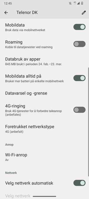 For å bytte nettverk hvis det oppstår nettverksproblemer, slå av Velg nettverk automatisk