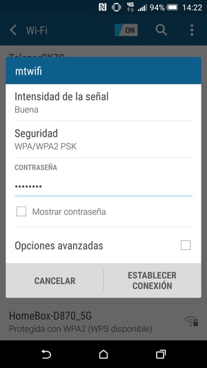 Introduzca la contraseña de Wi-Fi y seleccione ESTABLECER CONEXIÓN