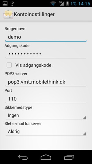 Indtast Brugernavn og Indgående serveradresse