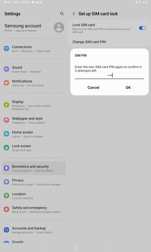 Confirm your new SIM card PIN and select OK