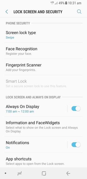 To activate your screen lock, go to the Lock screen and security menu and select Screen lock type