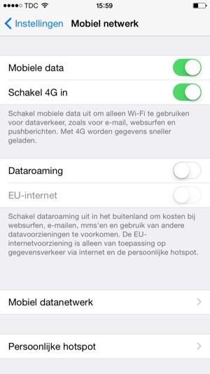 Stel Dataroaming in op Aan of Uit