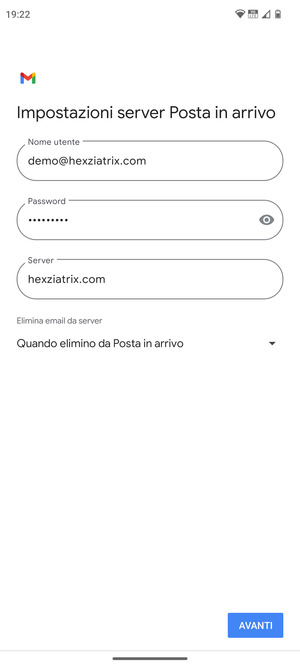 Inserisci Nome utente e l'indirizzo del server di posta in arrivo. Seleziona AVANTI