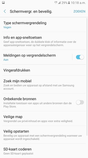 Om uw schermvergrendeling te activeren, ga naar het Schermvergr. en beveilig.-menu en selecteer Type schermvergrendeling