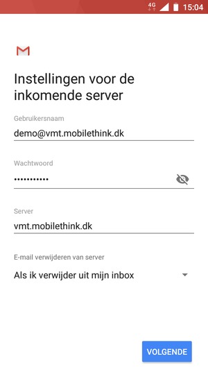Voer Gebruikersnaam en binnenkomend serveradres in. Selecteer VOLGENDE