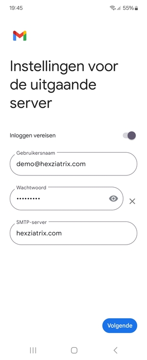 Voer Uitgaand serveradres in en selecteer Volgende