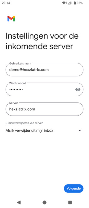 Voer Gebruikersnaam en binnenkomend serveradres in. Selecteer Volgende