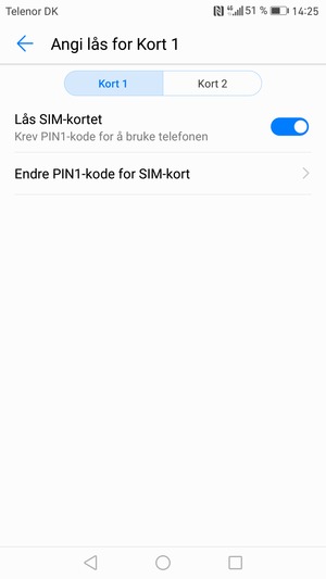 Velg Kort 1 eller Kort 2 og velg Endre PIN-kode for SIM-kort