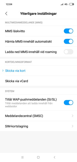 Välj Meddelandecentral (SMSC)