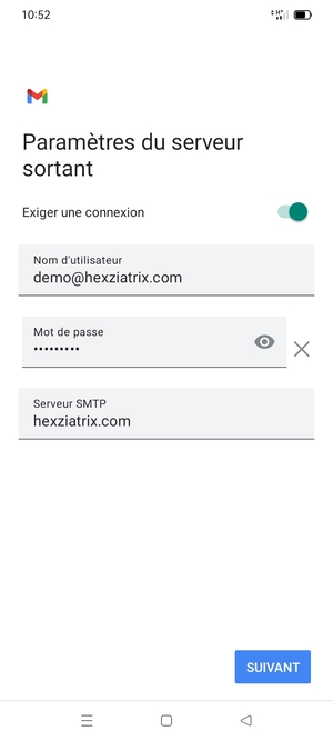 Entrez l'adresse du serveur Sortant et sélectionnez SUIVANT