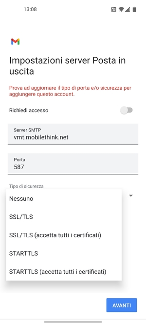 Seleziona Nessuno e AVANTI