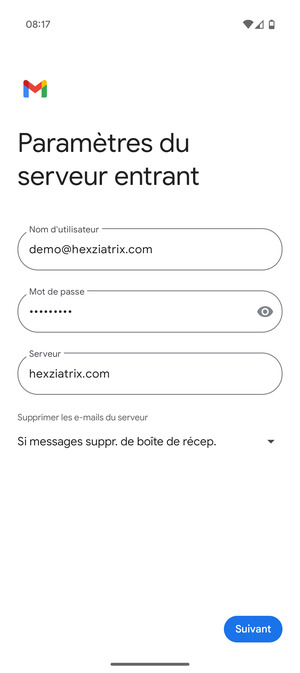 Saisissez votre Nom d'utilisateur et l'adresse du serveur entrant. Sélectionnez Suivant