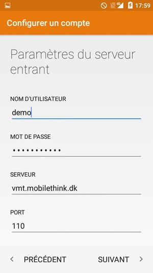 Saisissez votre Nom d'utilisateur et l'adresse du serveur entrant. Sélectionnez SUIVANT