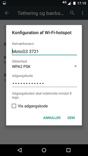 Indtast en Wi-Fi-hotspot adgangskode på minimum 8 tegn og vælg GEM
