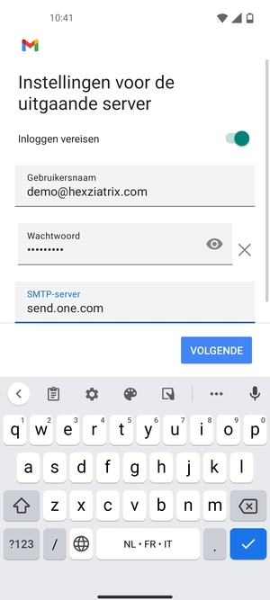 Voer Uitgaand serveradres in en selecteer VOLGENDE