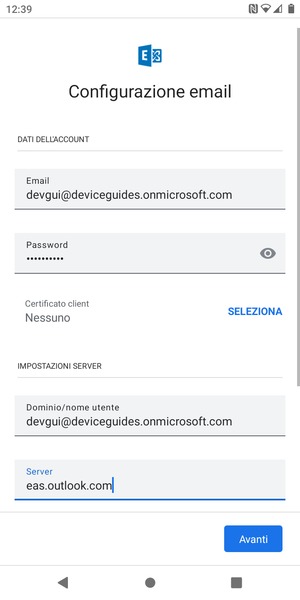 Inserisci Nome utente e l'indirizzo del server Exchange. Seleziona Avanti