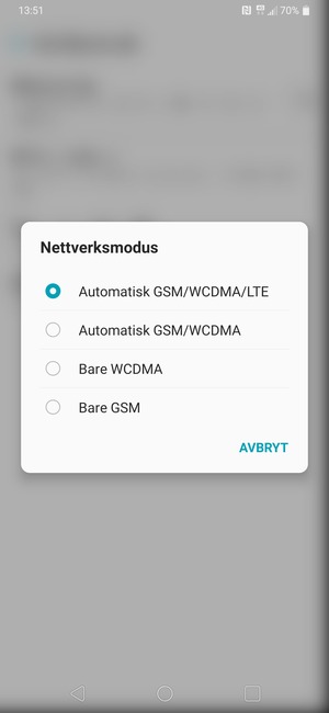 Velg Bare GSM for å aktivere 2G