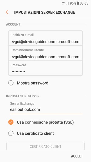 Inserisci Nome utente e l'indirizzo del server Exchange. Seleziona ACCEDI