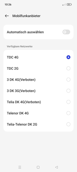 Wählen Sie einen Netzbetreiber von der Liste
