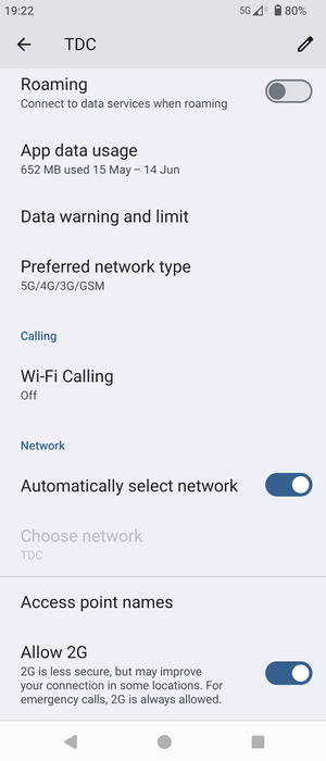 Scroll to and select Access point names