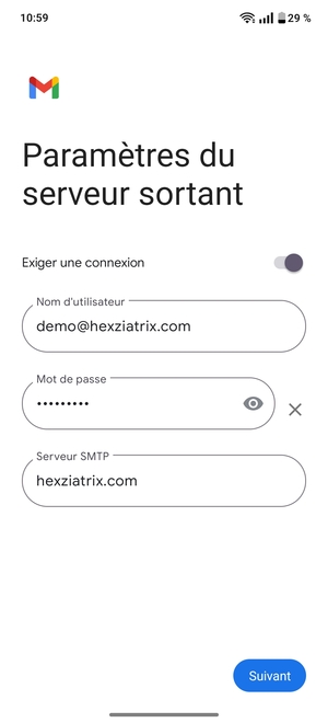 Saisissez l'adresse du serveur sortant et sélectionnez Suivant
