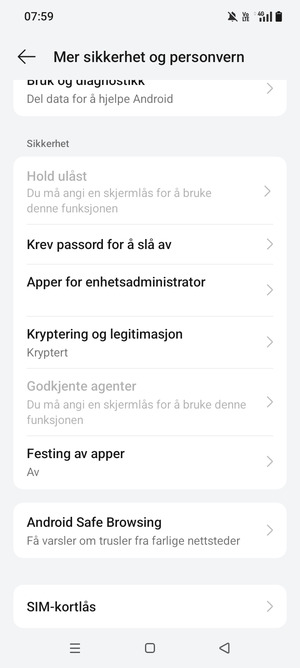 Bla til og velg  SIM-kortlås