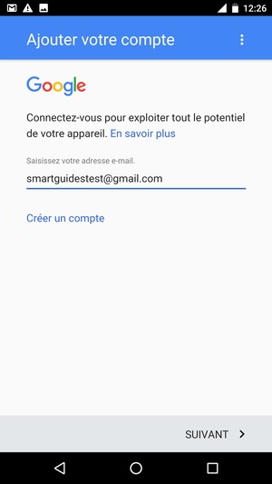 Saisissez votre adresse Gmail et sélectionnez SUIVANT