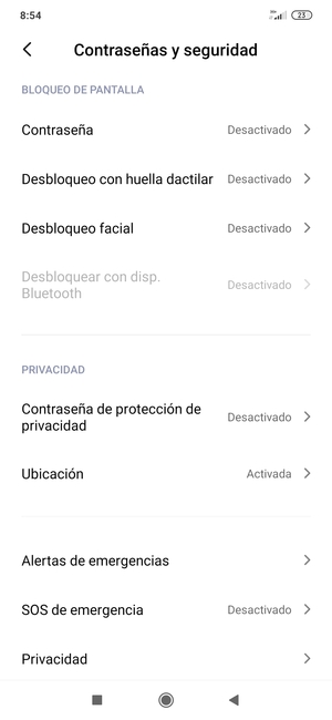 Para activar su bloqueo de pantalla, vaya al menú Contraseñas y seguridad y seleccione Contraseña