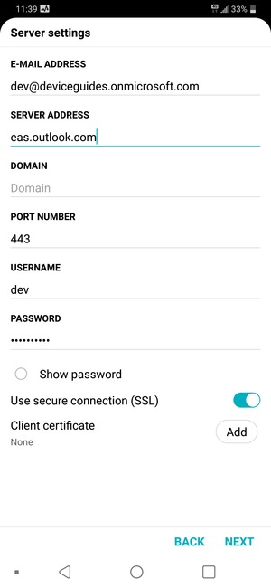 Enter Exchange server address and USERNAME. Select NEXT