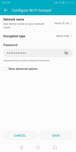 Enter a Wi-Fi hotspot password of at least 8 characters and select SAVE