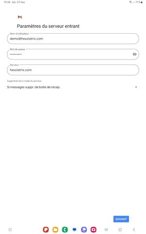 Saisissez votre Nom d'utilisateur et l'adresse du serveur entrant. Sélectionnez SUIVANT