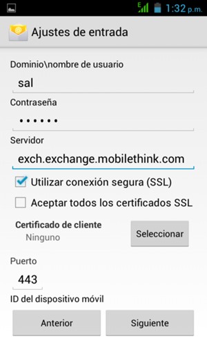 Introduzca Nombre de usuario y la dirección de servidor Exchange. Seleccione Siguiente