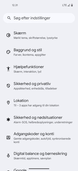Scroll til og vælg Sikkerhed og privatliv