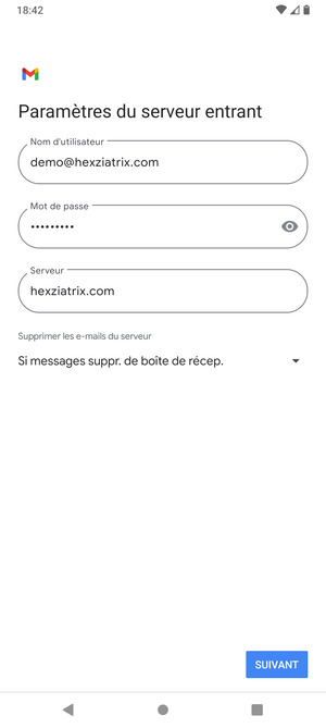 Saisissez votre Nom d'utilisateur et l'adresse du serveur entrant. Sélectionnez SUIVANT