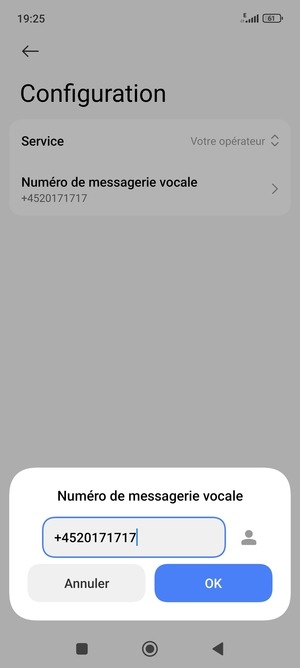 Saisissez le Numéro de  messagerie vocale et sélectionnez OK