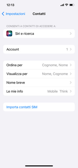 Seleziona Importa contatti SIM
