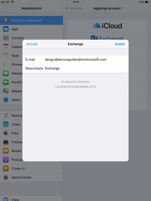 Inserisci informazioni email di Exchange e seleziona Avanti