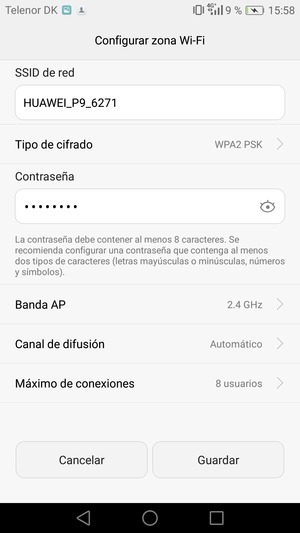 Introduzca una contraseña de punto de acceso Wi-Fi de al menos 8 caracteres y seleccione Guardar