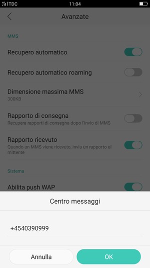 Inserisci il numero di Centro messaggi e seleziona OK
