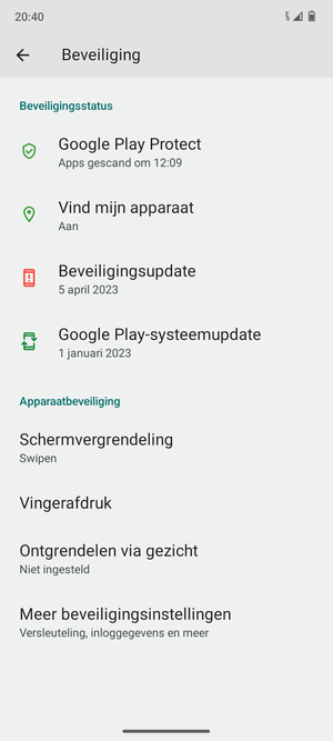 Om de pin voor de simkaart te wijzigen, ga naar het Beveiliging-menu en scroll naar en selecteer Meer beveiligingsinstellingen
