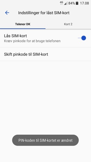 Din PIN-kode til SIM-kort er nu ændret