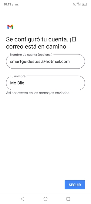 Déle a su cuenta un Nombre y escriba Su nombre. Seleccione SEGUIR