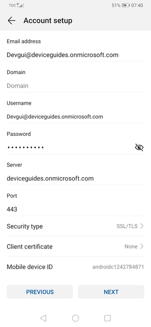 Enter Exchange server address and select NEXT